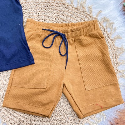 Conj. Camiseta Gola Careca Rex e Bermuda em Moletinho - Marinho e Mostarda